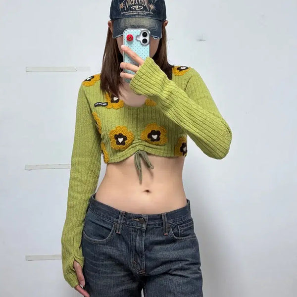 [BUNJANG] ODD ONE OUT Bubble Flower Crop String Knit Green / 오드원아웃 버블 플라워 크롭 스트링 니트 그린