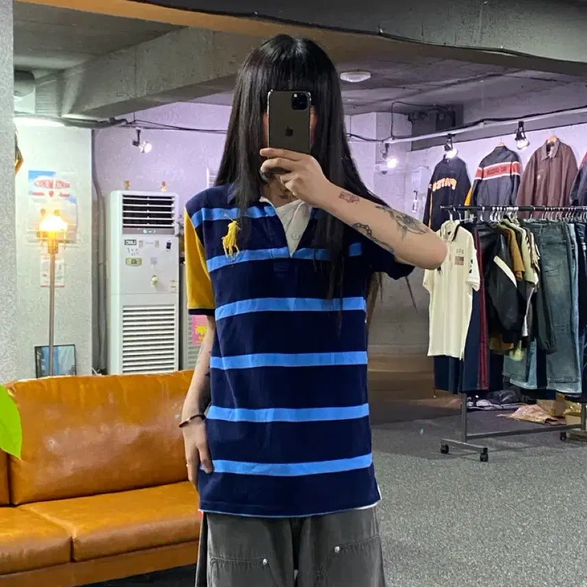 [BUNJANG] Polo Ralph Lauren Big Pony Colorblock Stripe Rugby T-Shirt / 폴로랄프로렌 빅포니 배색 스트라이프 pk 럭비 티셔츠 B5440