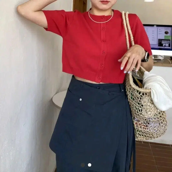 [BUNJANG] Danmi Mood Cropped Short-Sleeve Cardigan - Red / 단미무드 크롭 반팔 가디건 -레드
