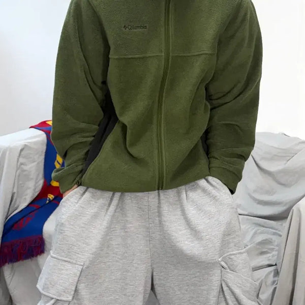 [BUNJANG] Columbia Khaki Green Small Logo Fleece Jacket / 컬럼비아 카키 그린 스몰로고 플리스 자켓