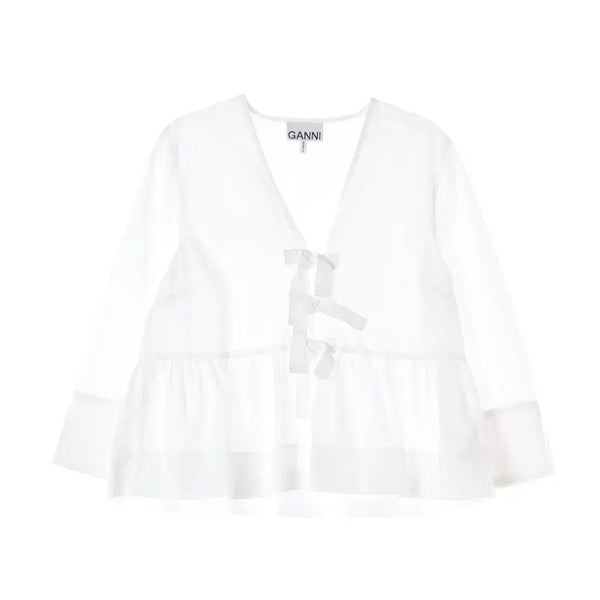 [BUNJANG] GANNI 24SS Tie-Ribbon Peplum Cotton Blouse White / 가니 GANNI 24SS 타이 리본 페플럼 코튼 블라우스 화이트