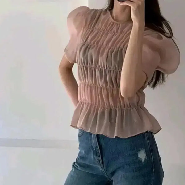 [BUNJANG] Demoire Smoke Shirring Blouse - Pink / 드모어 스모크 셔링 블라우스 - 핑크