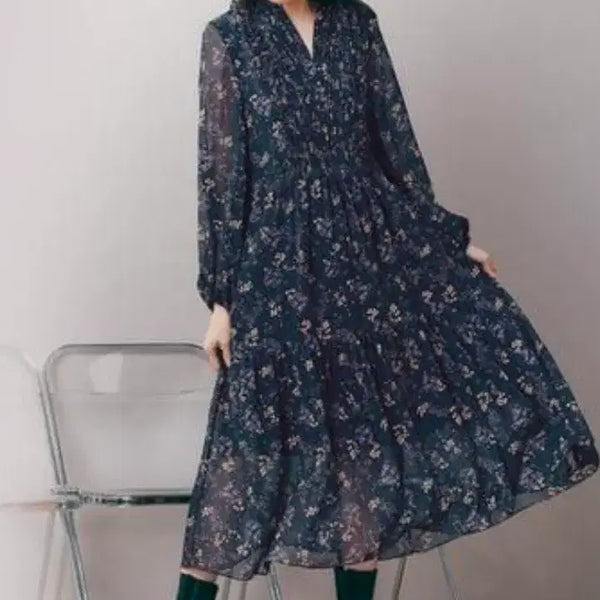 [BUNJANG] The Edge Chiffon Floral Pattern Midi Dress Deep Green / 미착용)더엣지 쉬폰 원피스66-77