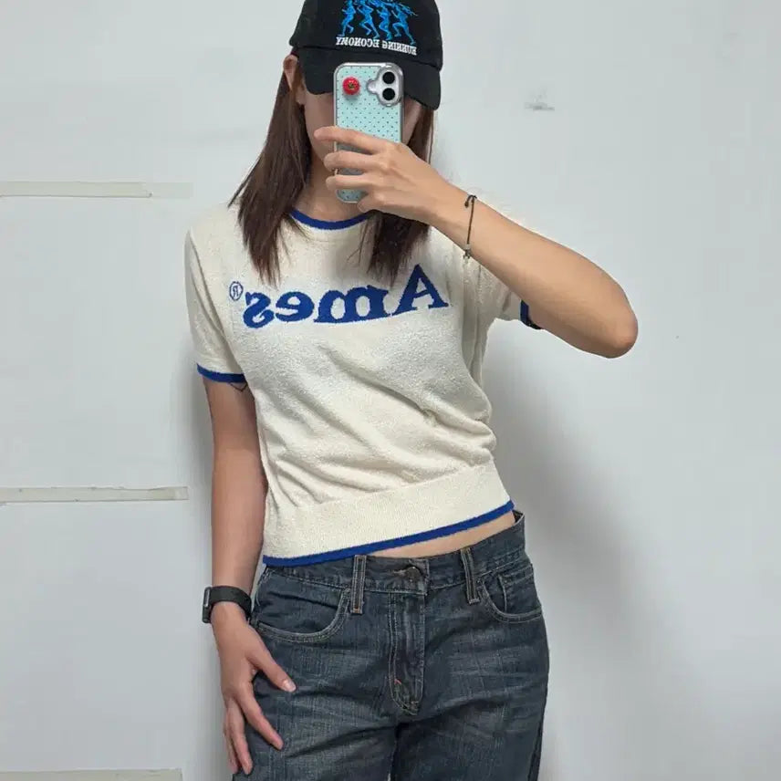[BUNJANG] AMES Spellout Logo Crop Knit Short Sleeve / 아메스 스펠아웃 로고 크롭 니트 반팔
