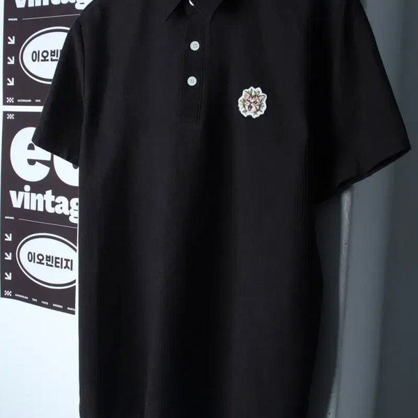 [BUNJANG] Plokitty Cat Patch Short Sleeve Polo T-Shirt Black / (M-L) 플러키티 반팔 카라 티셔츠 고양이패치 블랙 올드스쿨-H35315