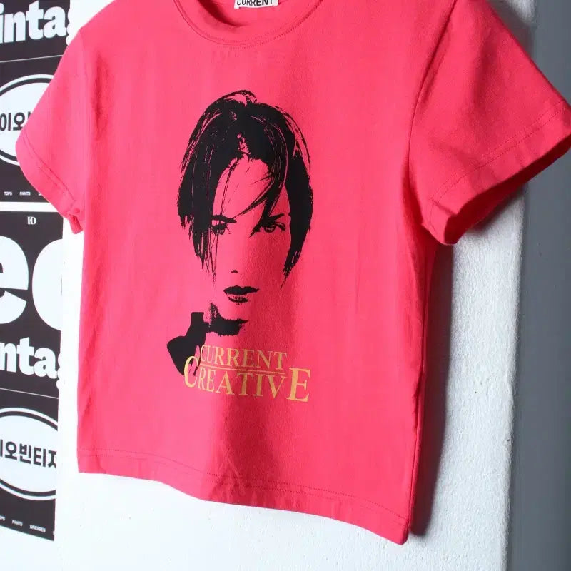 [BUNJANG] W(F) Current Printing Cropped T-shirt Pink / W(F) 커렌트 반팔 티셔츠 프린팅 크롭 핑크 연예인다수 착용-H35334