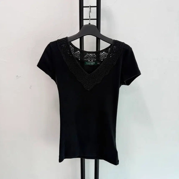 [BUNJANG] Ralph Lauren Black V-Neck Lace Detail Short Sleeve T-Shirt / 정품 RALPH LAUREN 랄프로렌 블랙 반팔티