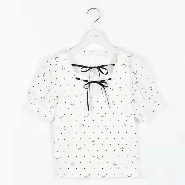 [BUNJANG] Evelyn Ribbon Dot Short-Sleeved Blouse Top T-Shirt / Evelyn 에블린 리본 도트 무늬 후드 반팔 블라우스 탑 티셔츠 양산형 지뢰계 양지뢰 스나계 걸리