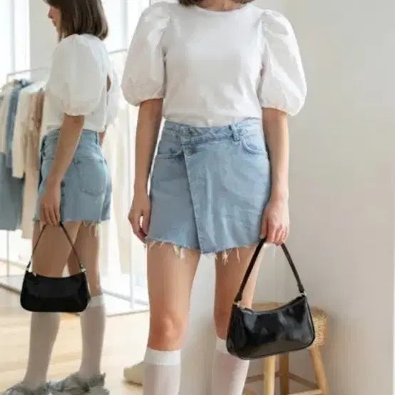 [BUNJANG] H&M Puff Sleeve T-Shirt & Zara Denim Culotte Skirt Set / H&m 퍼프티 + 자라치마바지 세트