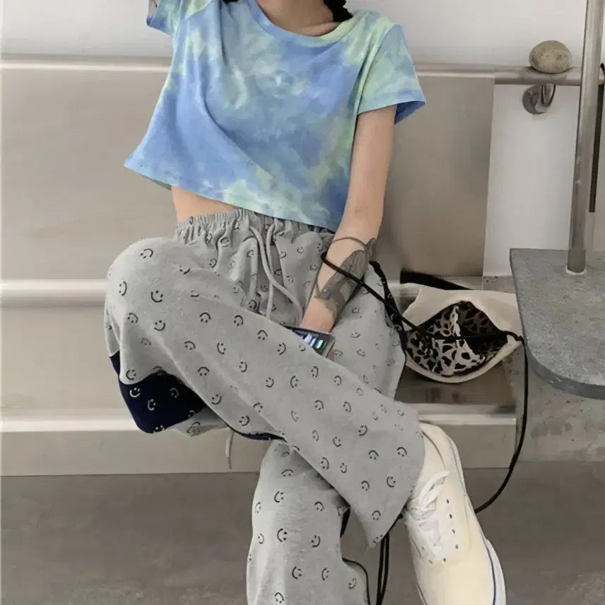 [BUNJANG] Smile Pattern Colorblock Wide Pants / 스마일 패턴 배색 와이드 팬츠