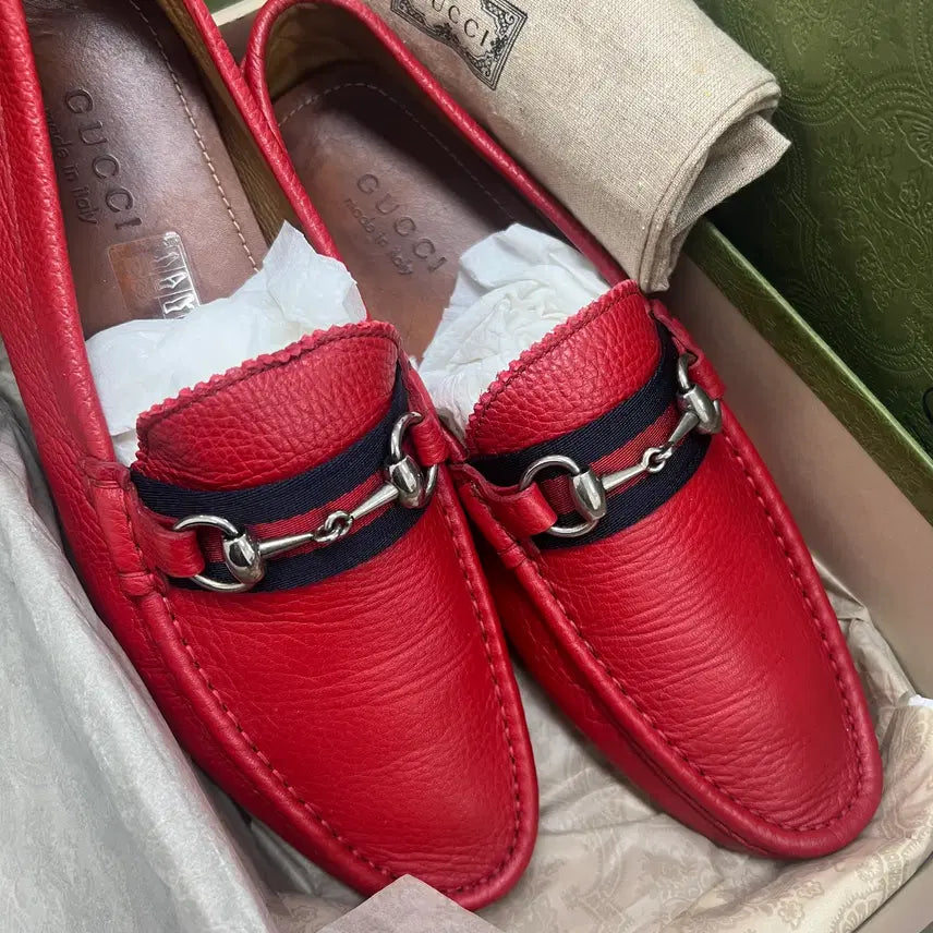 [BUNJANG] Gucci Web Detail Horsebit Driving Loafers Red / 구찌 웹 디테일 홀스빗 드라이빙 로퍼 레드 9(280)