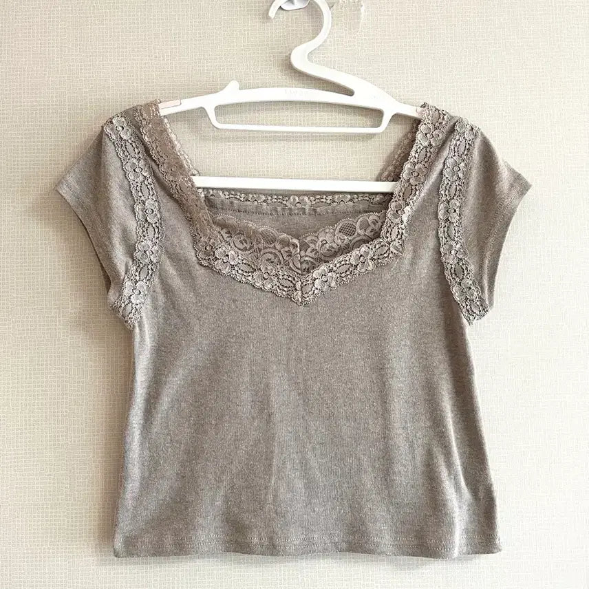 [BUNJANG] Lace Short-Sleeve T-Shirt Beige / 레이스 반팔 티셔츠 베이지