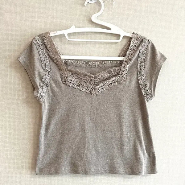 [BUNJANG] Lace Short-Sleeve T-Shirt Beige / 레이스 반팔 티셔츠 베이지