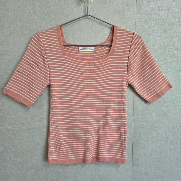 [BUNJANG] Women's Striped Square Neck Short Sleeve Knit Top / 빨주노초 여성 스퀘어넥 스트라이프 반팔 니트 F JJ2881