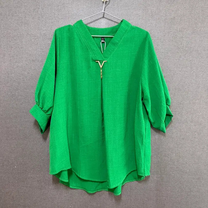 [BUNJANG] Women's Linen V-Neck Blouse Green / F 여성 브이넥 린넨 셔츠 블라우스 그린 BO2413