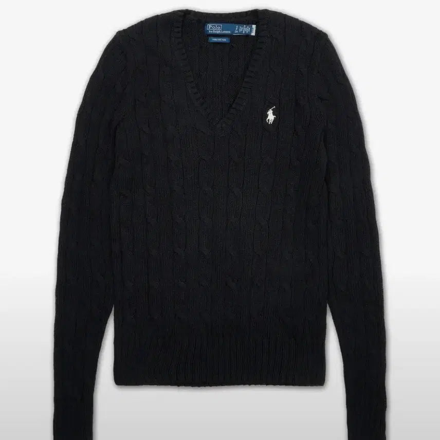 [BUNJANG] Polo Ralph Lauren Cable Knit Cotton V-Neck Sweater Black / 폴로 케이블 니트 코튼 v넥 스웨터 블랙