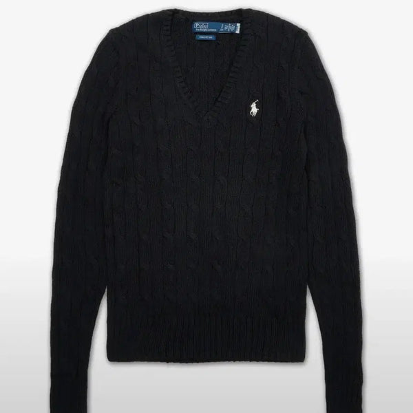 [BUNJANG] Polo Ralph Lauren Cable Knit Cotton V-Neck Sweater Black / 폴로 케이블 니트 코튼 v넥 스웨터 블랙