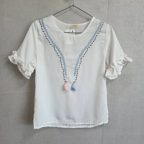 [BUNJANG] MILL STUDIO Embroidered Frill Short Sleeve Blouse F JJ2883 / MILL STUDIO 여성 자수 프릴 반팔 블라우스 F JJ2883