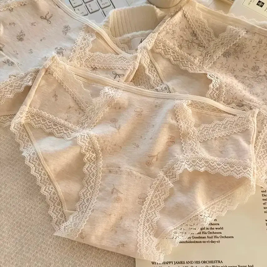 [BUNJANG] Women's 3-Piece Panty Set - Beige Lace, Size 77 / 여자 속옷 3종 세트 베이지 레이스 팬티,  77사이즈