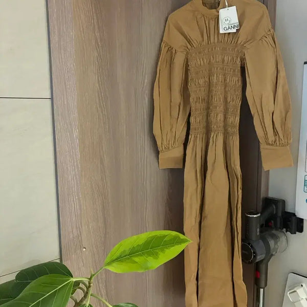 [BUNJANG] GANNI Shirring Long Dress Camel / 가니 GANNI 셔링 롱 원피스 카멜 34
