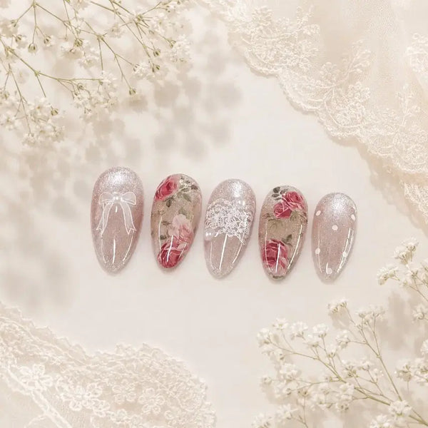 [BUNJANG] Handmade Nail Tips with Pink Shimmer Magnetic Gel, Vintage Rose, Lace, and Ribbon Accents / 수제 네일팁