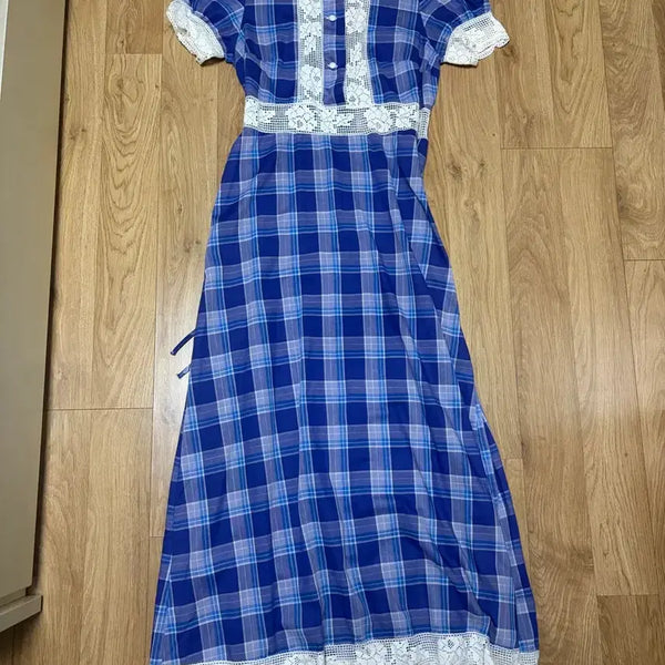 [BUNJANG] Check Lace Long Dress Blue / 체크 레이스 원피스 블루