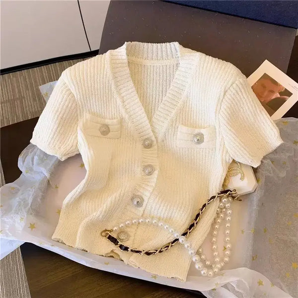 [BUNJANG] V-Neck Ribbed Knit Cropped Top / (새상품) 브이넥 골지 니트 크롭티