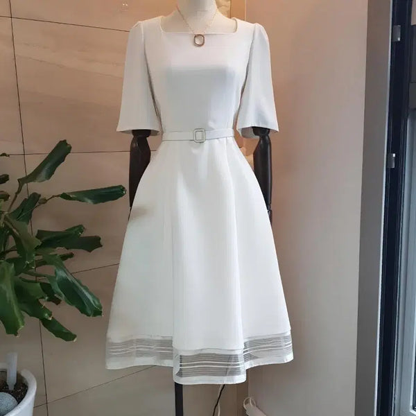 [BUNJANG] JIGOTT Belted Square Neck A-Line Sheer Hem Midi Dress / 지고트 벨트 원피스 하객룩 돌잔치룩 추천