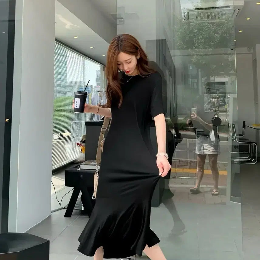 [BUNJANG] Black Mermaid Short Sleeve Maxi Dress / 블랙 머메이드 반팔 원피스
