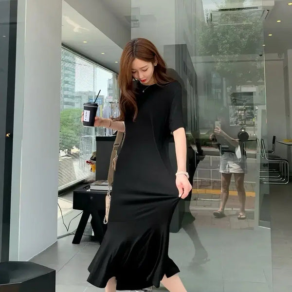 [BUNJANG] Black Mermaid Short Sleeve Maxi Dress / 블랙 머메이드 반팔 원피스