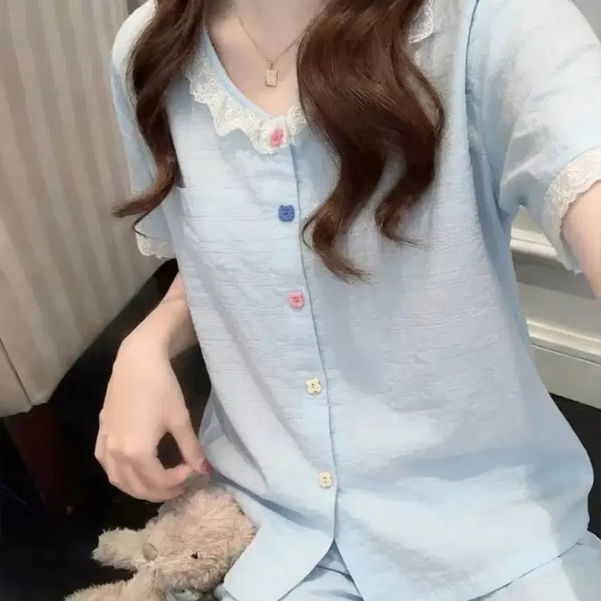 [BUNJANG] Pastel Lace Pajama Set - Sky Blue & Ivory / 파스텔톤 레이스 파자마 세트L