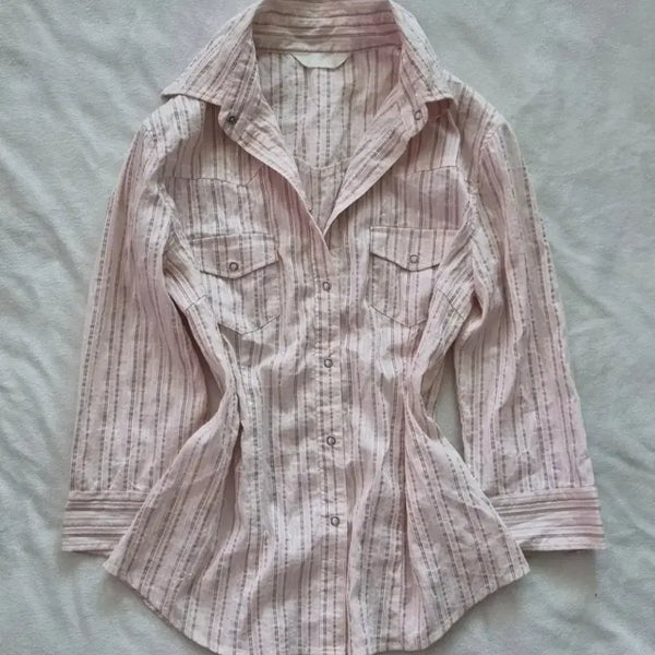 [BUNJANG] Vintage Geek-Chic Oriental Stripe 7-Part Sleeve Shirt / 빈티지 긱시크 오리엔탈 스트라이프 7부 셔츠