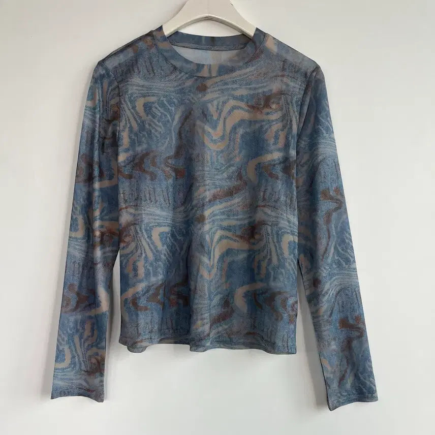 [BUNJANG] Blue Tie-Dye Pattern Mesh Long Sleeve T-Shirt / 블루 나염 패턴 메쉬 긴팔 티셔츠