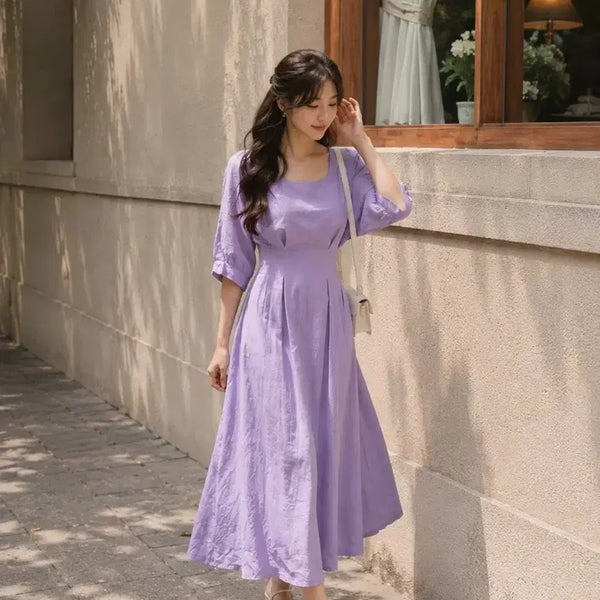 [BUNJANG] Women's Lavender Puff Sleeve Long Dress / 여성 라벤더 퍼프소매 롱 원피스
