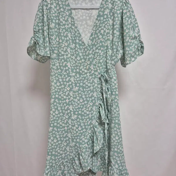 [BUNJANG] Satin Floral Print Wrap Midi Dress / Satin 민트색 잔꽃 패턴 랩 원피스