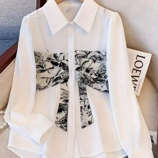 [BUNJANG] Elegant Pearl Embellished Layered Blouse - White / 세련 레이어드 블라우스.새상품