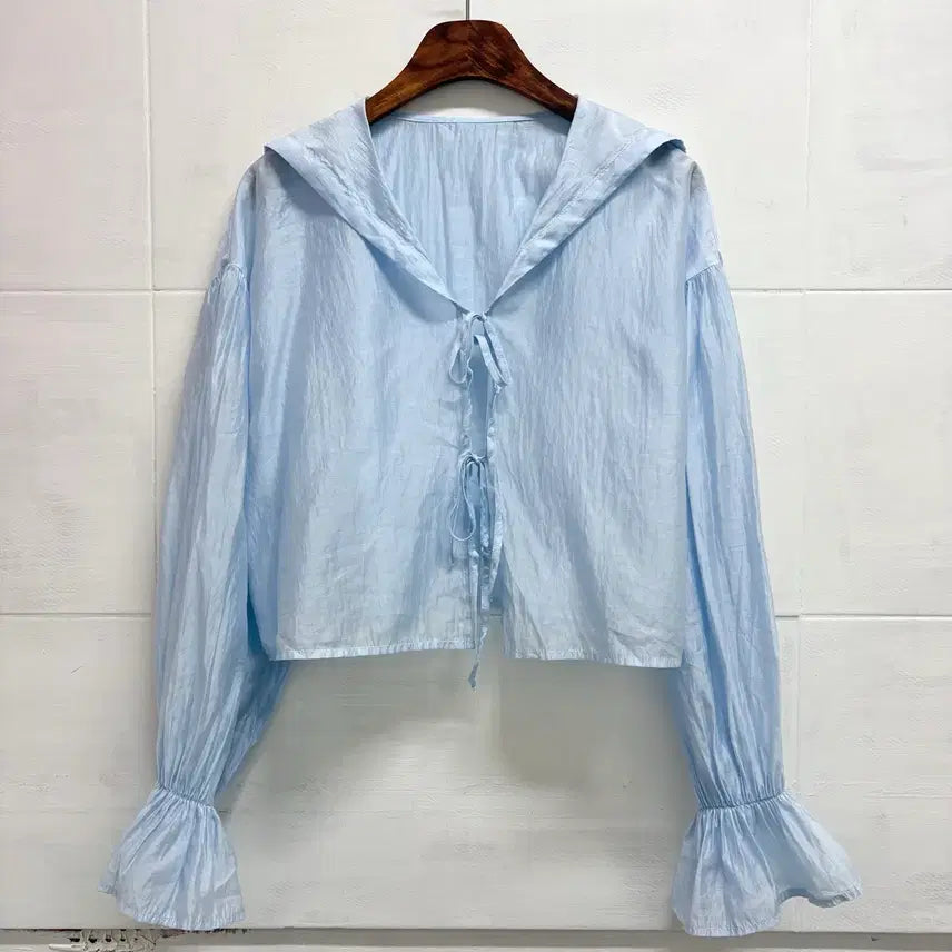 [BUNJANG] Blue See-through Cape Ribbon Cardigan Blouse / 하늘색 시스루 케이프 리본 가디건 블라우스 JPN
