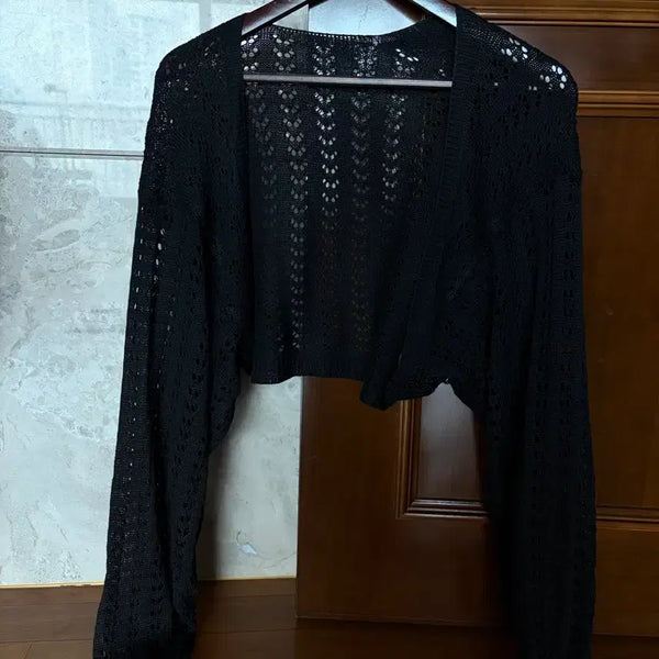 [BUNJANG] Black Net Knit Loose Fit Bolero Cardigan / 블랙 그물 니트 루즈핏 볼레로 가디건 프리사이즈
