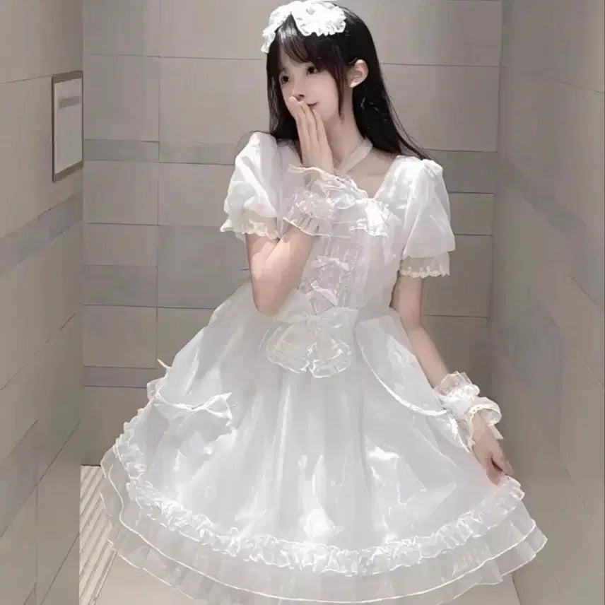 [BUNJANG] Goth Lolita Short Sleeve Dress - White / 고스로리 반팔 원피스 올화이트 로리타 드레스 백계,흑계 고스펑크 양산형 지뢰계 스나계 리즈리사 할로윈 졸업사진 공주드레스 코스튬 코스프레 이벤트 졸사