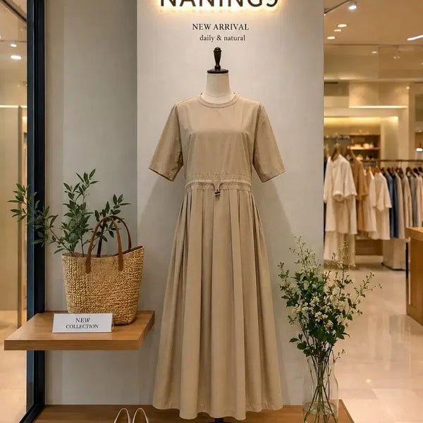 [BUNJANG] NANING9 Linen-Feel Long Dress Beige / 난닝구(NANING9) 바스락 롱원피스 베이지 허리스트링 여리핏