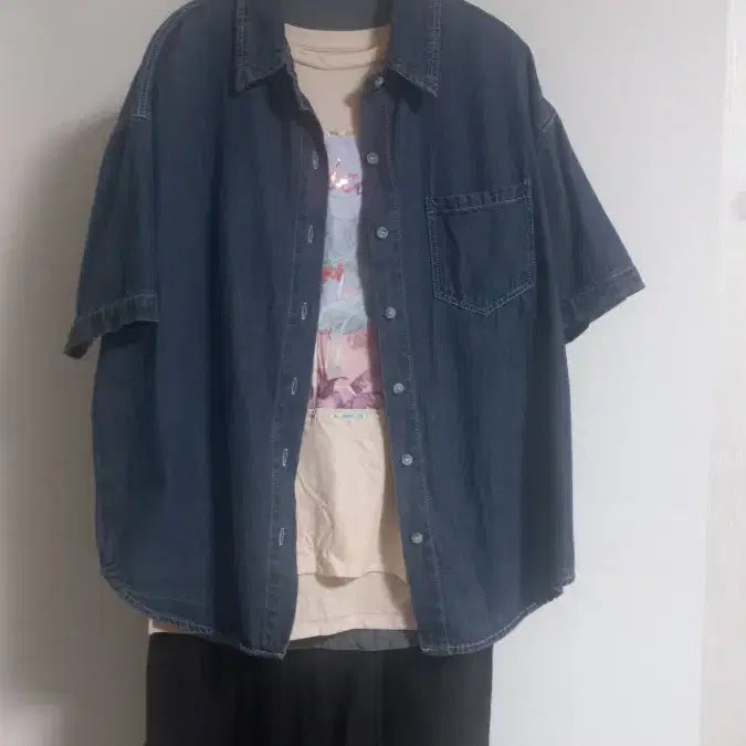 [BUNJANG] Denim Short Sleeve Boxy Shirt / 청 반팔 박시셔츠 .청남방 88~작99