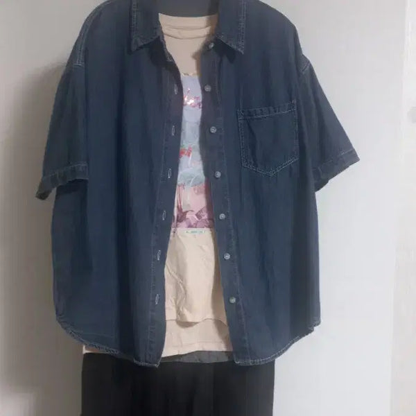 [BUNJANG] Denim Short Sleeve Boxy Shirt / 청 반팔 박시셔츠 .청남방 88~작99