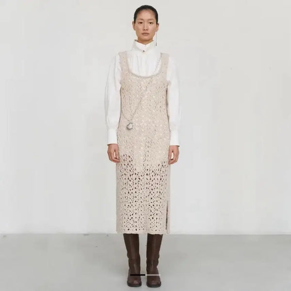 [BUNJANG] AMOMENTO Crochet Knit Dress Beige / 아모멘토 크로쉐 니트 드레스 베이지 AMOMENTO CROCHET KNIT DRESS
