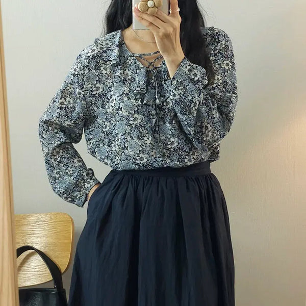 [BUNJANG] 2ME Women's Long Sleeve Floral Blouse Navy / (55)2ME 여성 긴팔 블라우스 플라워 H6W4406
