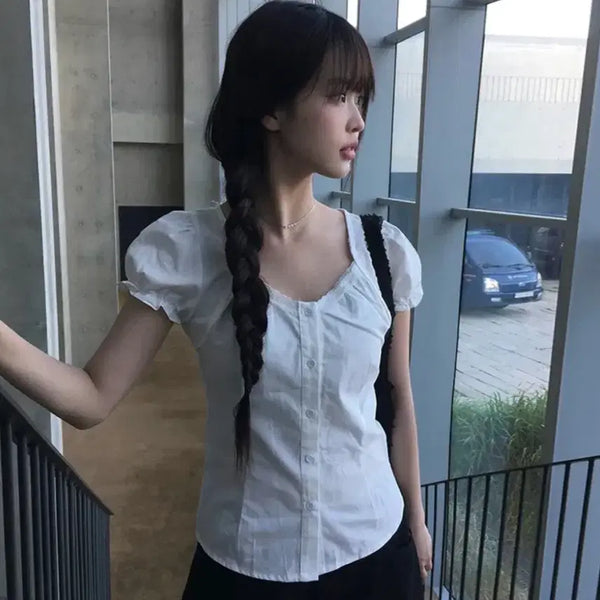 [BUNJANG] Warde Cotton Lace Puff Short Sleeve Blouse / 에이블리 와드 코튼 레이스 퍼프 반팔 블라우스