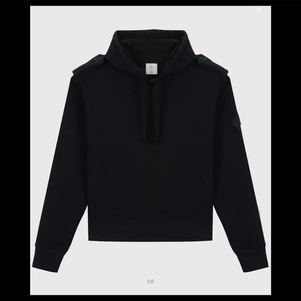 [BUNJANG] SSIN AND LEE Shoulder Epaulet Short Hooded Sweatshirt (Black) / SSIN AND LEE 어깨 견장 포인트 쇼트 후드 스웨트셔츠(블랙)(미사용 제품)