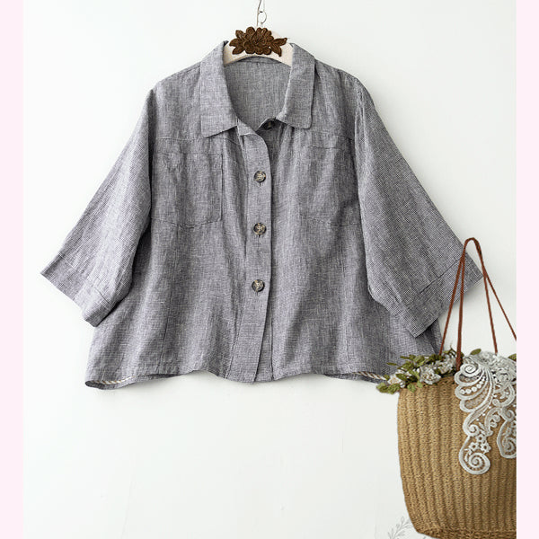 [BUNJANG] 100% Linen Checked Blouse Jacket / 린넨100% 잔체크 블라우스겸 자켓