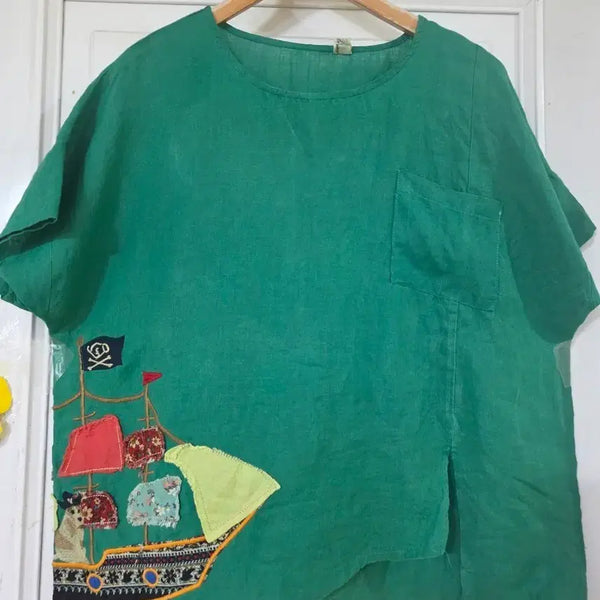 [BUNJANG] Linen Blend Summer Blouse with Apple Embroidery / 여름 시원한 고급스러운 디자인이쁜  마  린넨  블라우스