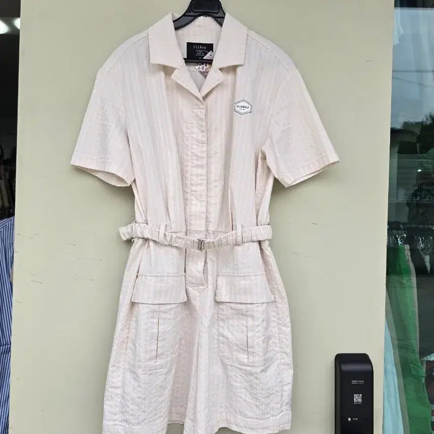 [BUNJANG] Elle Golf Linen Short Sleeve Jumpsuit Beige Stripe / ELLE GOLF  린넨 반팔 점프수트 베이지 스트라이프