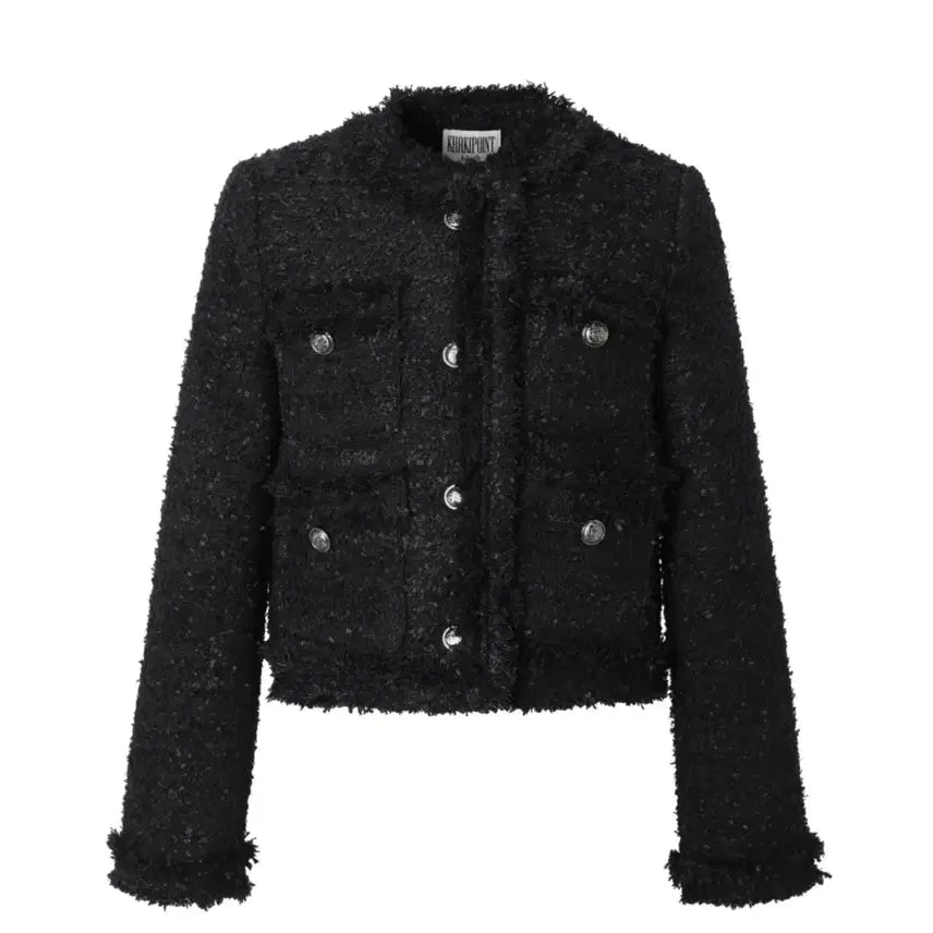 [BUNJANG] Khaki Point Tweed Jacket - Black Short / 카키포인트 트위드 자켓 블랙 숏